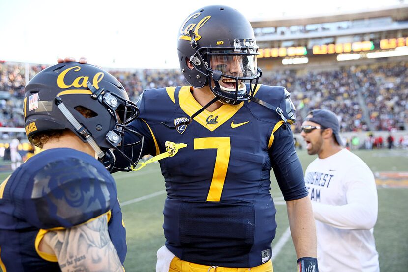 BERKELEY, CA - OCTOBER 01:  Davis Webb #7 of the California Golden Bears is congratulated by...