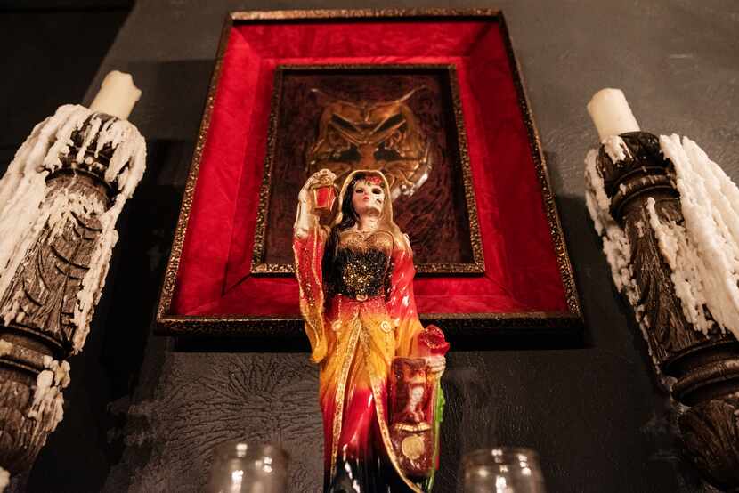 This file photo shows a statue of Santa Muerte inside a Dallas bar in 2020.