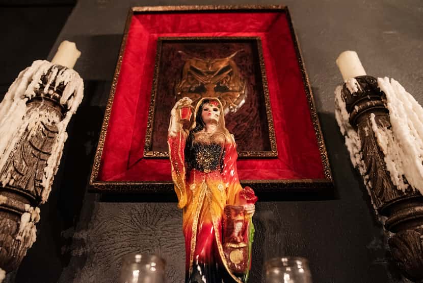 A statue of Santa Muerte inside the Spirits Room at Las Almas Rotas bar in Dallas.