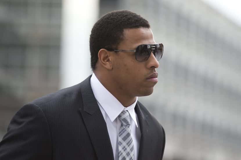 FILE - In this Feb. 9, 2015, file photo, Carolina Panthers' defensive end Greg Hardy arrives...