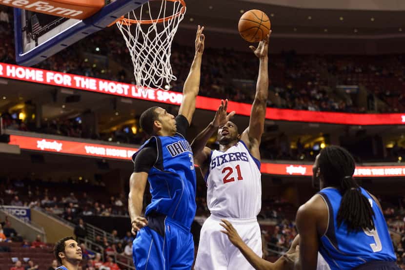 Feb 21, 2014; Philadelphia, PA, USA; Philadelphia 76ers forward Thaddeus Young (21) shoots...