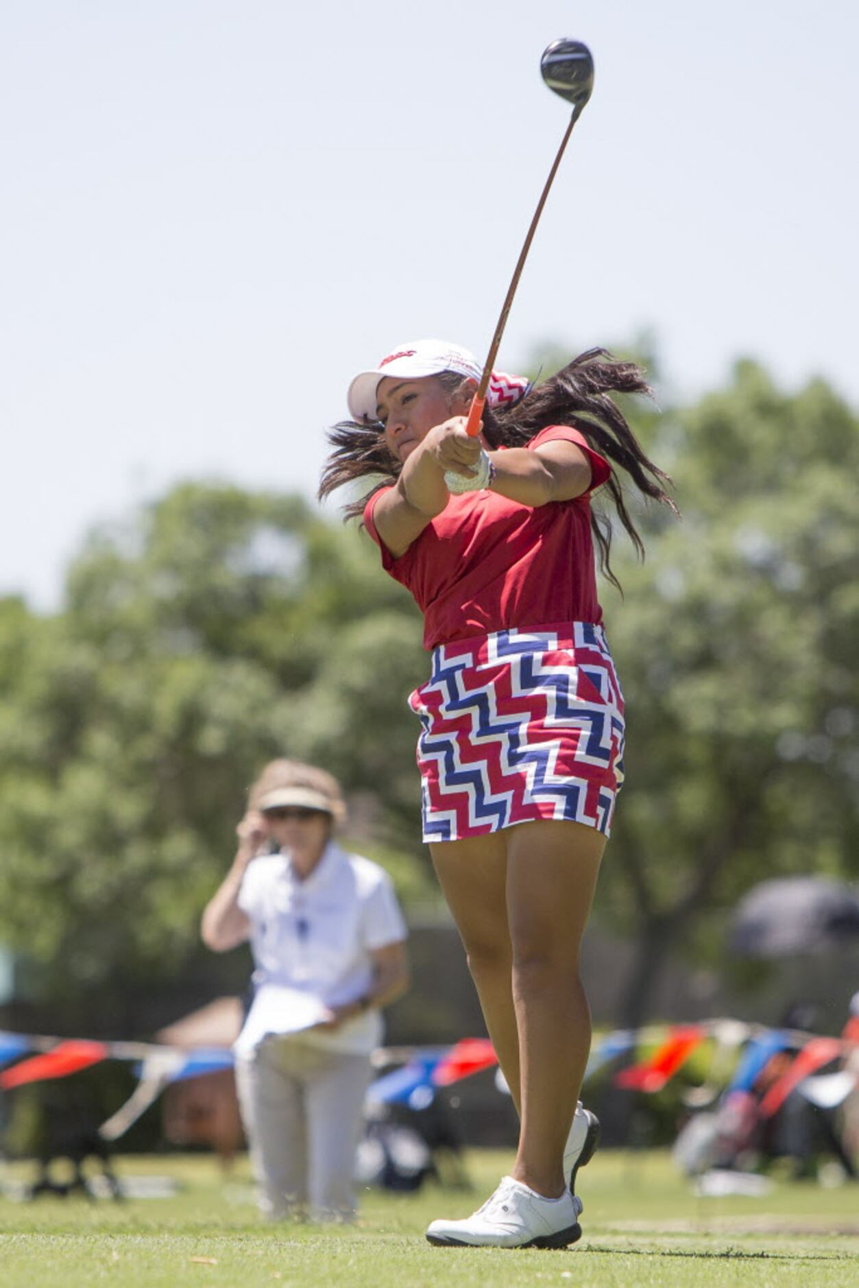 Allen sophomore Tori Ramirez tees off on the first hole during the UIL 5A State Golf...