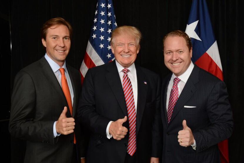 Tommy Hicks Jr., left, with Donald Trump, and Gentry Beach.  The two Dallas businessmen were...