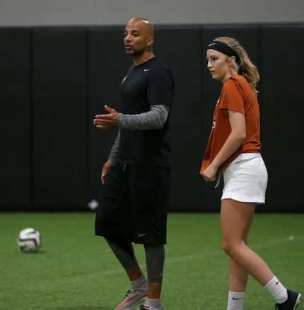Haley Berg, right, trains with former FC Dallas player Peter Luccin at Performance Indoor...