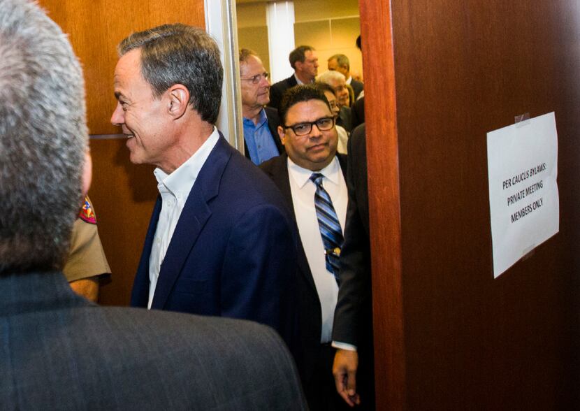 Texas Speaker of the House Joe Straus exited a Republican caucus on Aug. 16, 2017, at the...