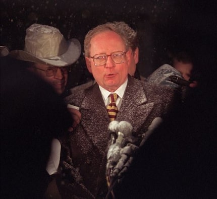 Stephen Jones, defense attorney for Timothy McVeigh, talks to the media on Feb. 28, 1997,...