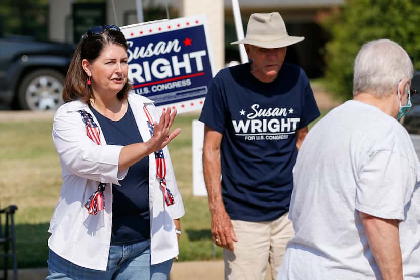Susan Wright, Republican candidate for Texas’ 6th Congressional District, greets voters...