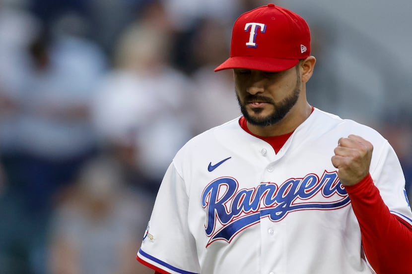 Texas Rangers starting pitcher Martin Perez (54) reacts after New York Yankees right fielder...