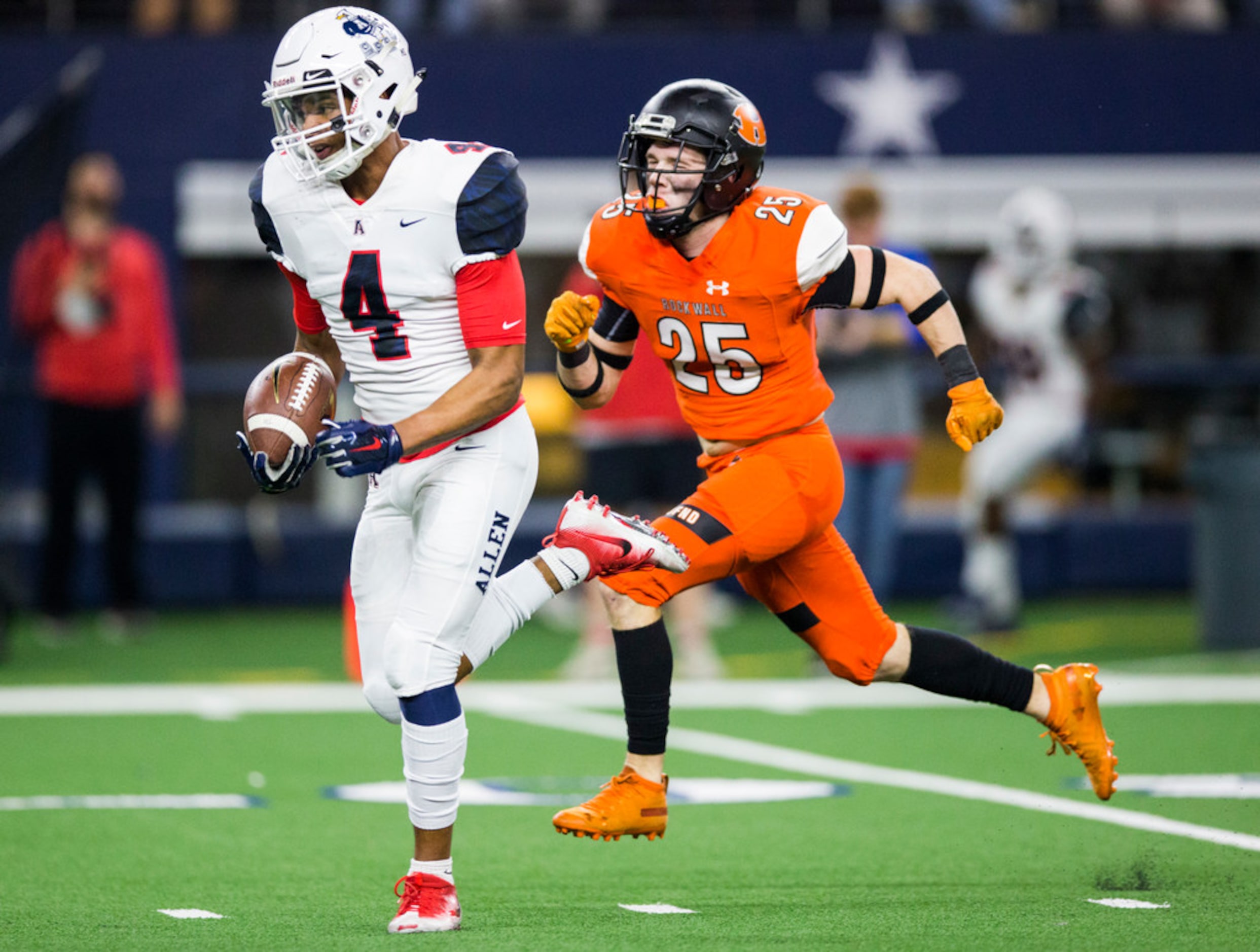 Allen wide receiver Darrion Sherfield (4) runs to the end zone for a touchdown ahead of...