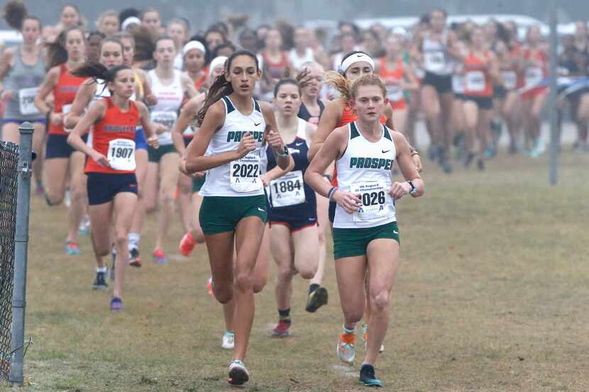 Prosper’s Sadie Gonzales (2022) and Aubrey O’Connell (2026) lead the pack during the Class...