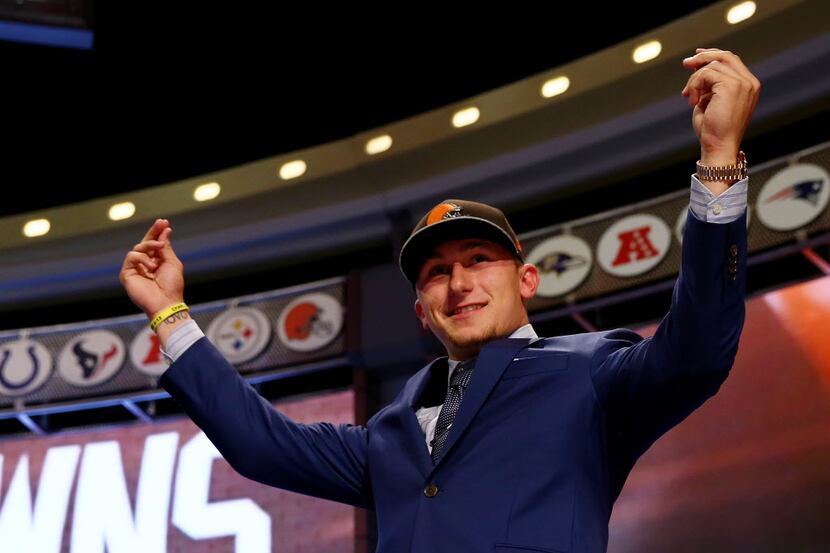 NEW YORK, NY - MAY 08:  Johnny Manziel of the Texas A&M Aggies takes the stage after he was...