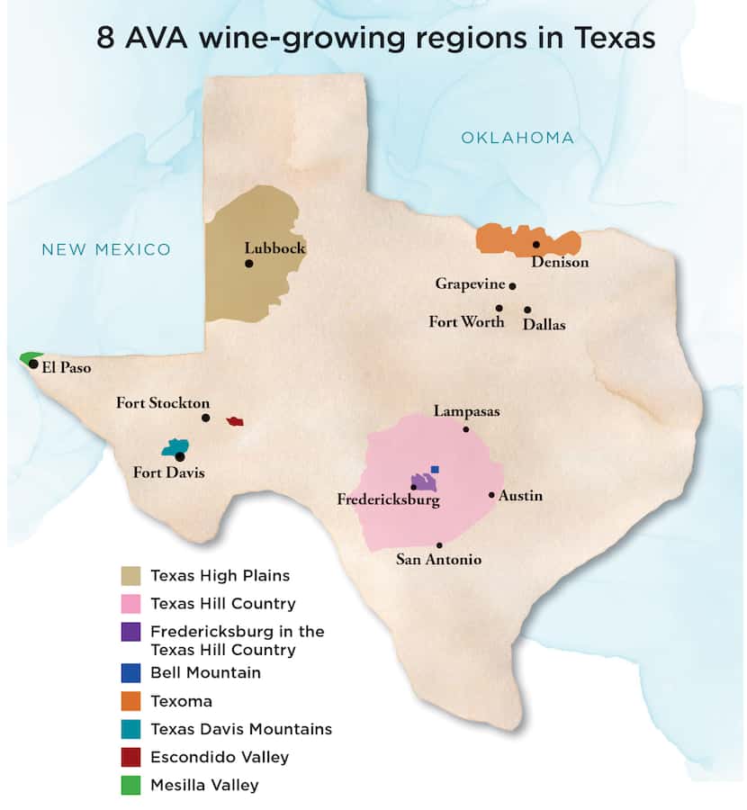map of the eight AVA wine-growing regions in Texas