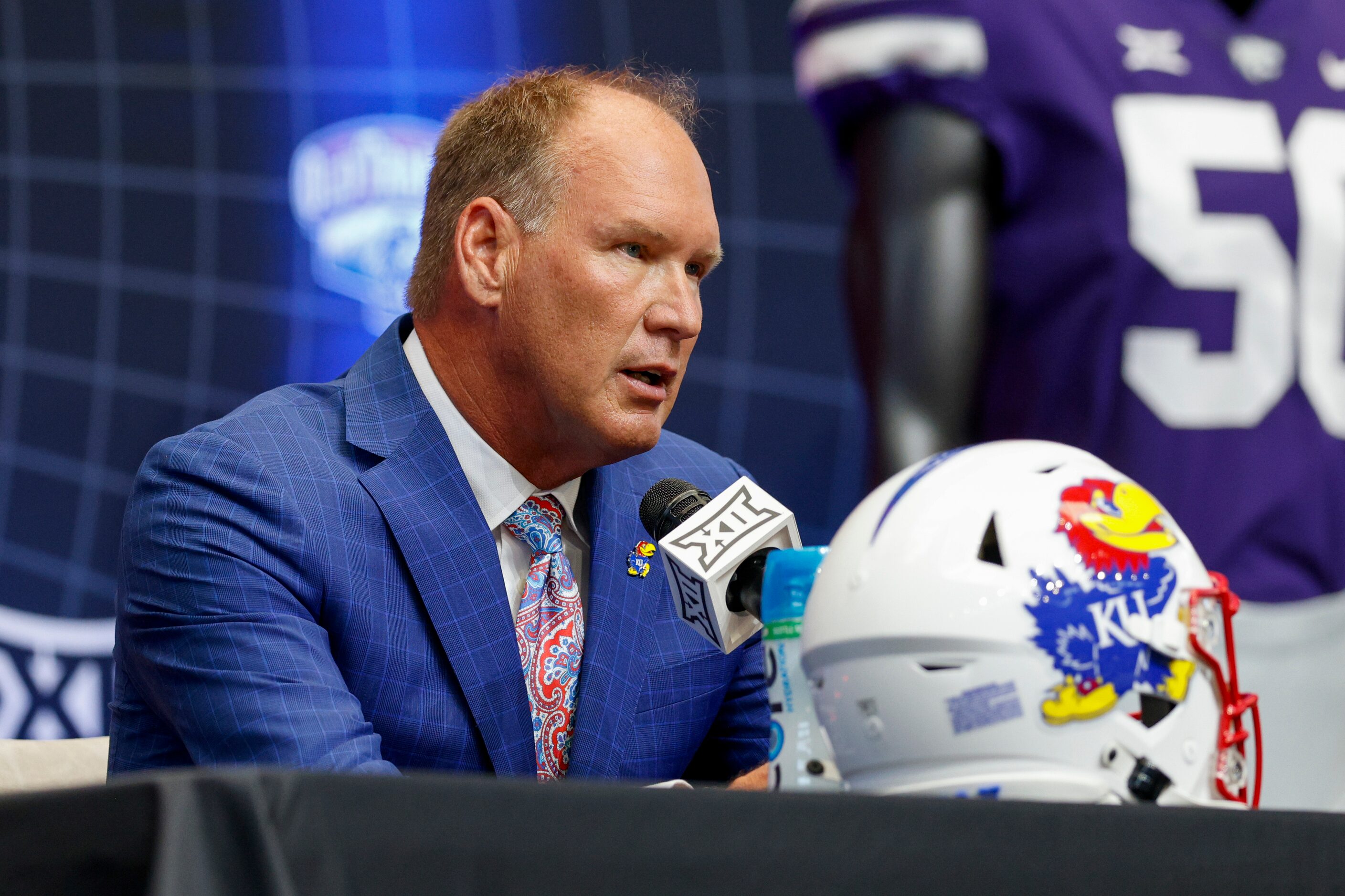 Kansas head coach Lance Leipold speaks during the Big 12 Media Days at AT&T Stadium,...