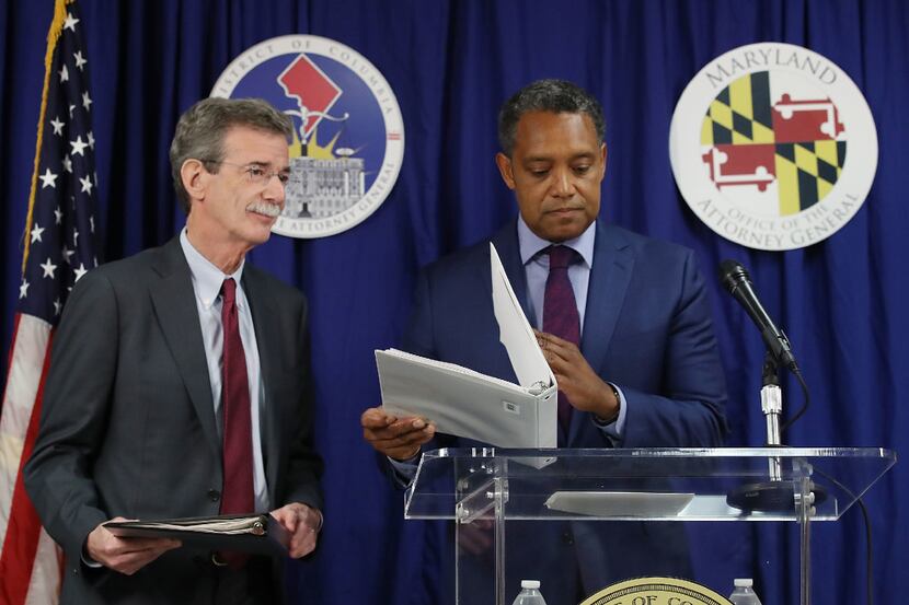 Maryland Attorney General Brian (L) and District of Columbia Attorney General Karl Racine...