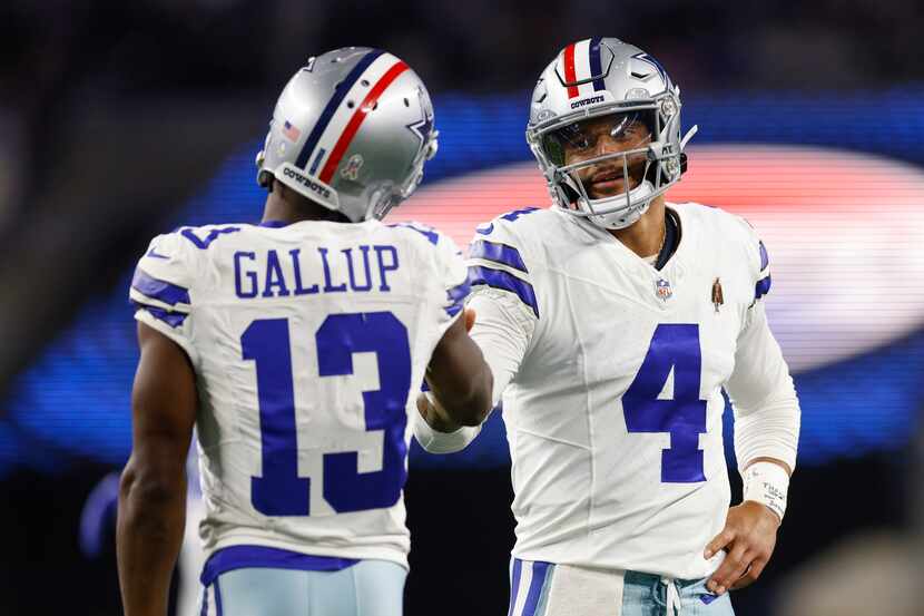 Dallas Cowboys wide receiver Michael Gallup (13) celebrates his touchdown reception with...