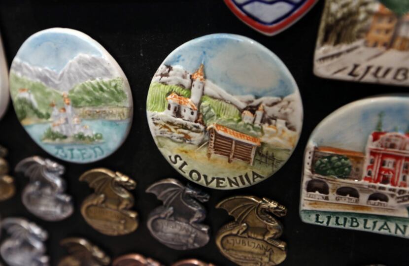 Slovenia branded fridge magnets sit for sale in a tourist store in Ljubljana, Slovenia.