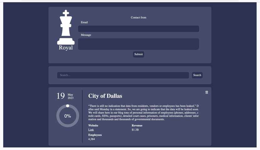 A screenshot from the website of hacker group Royal on May 19, 2023, shows the group...