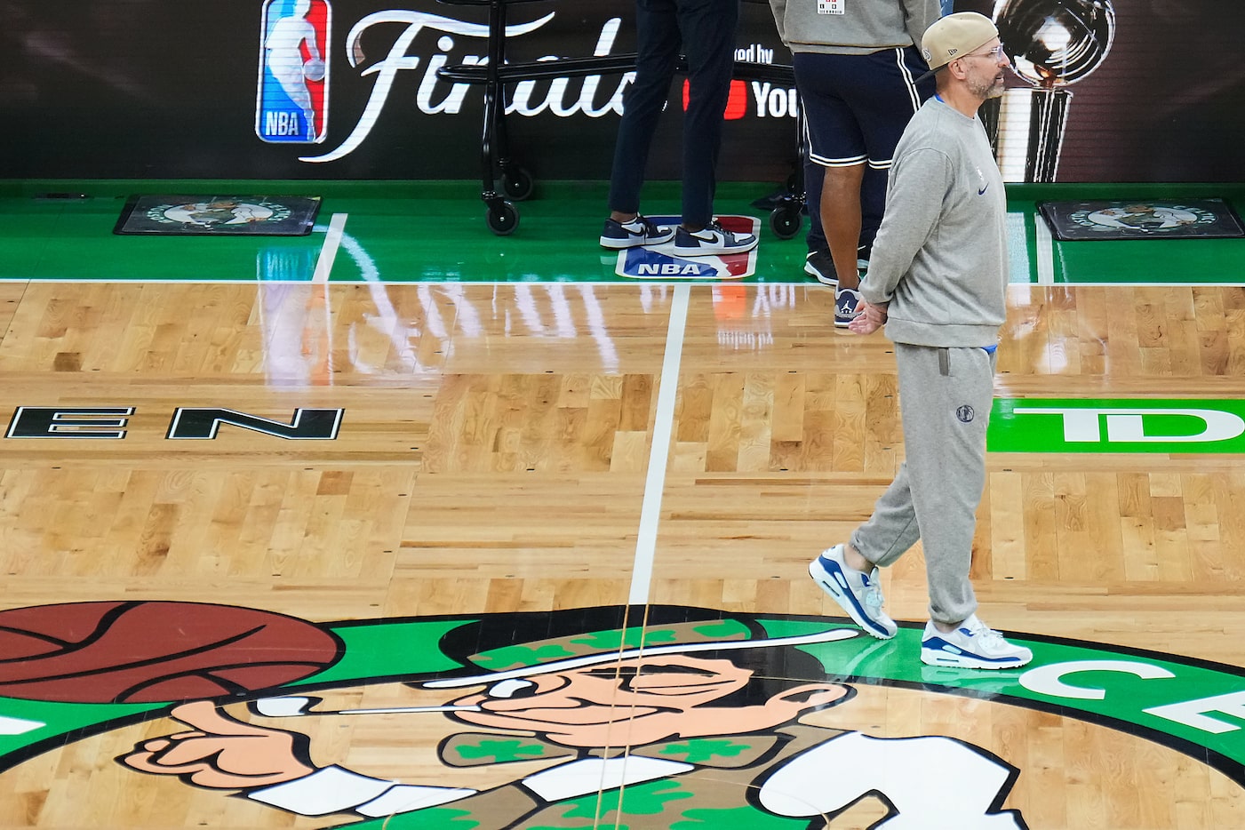 Dallas Mavericks head coach Jason Kidd watches his team practice at TD Garden in preparation...