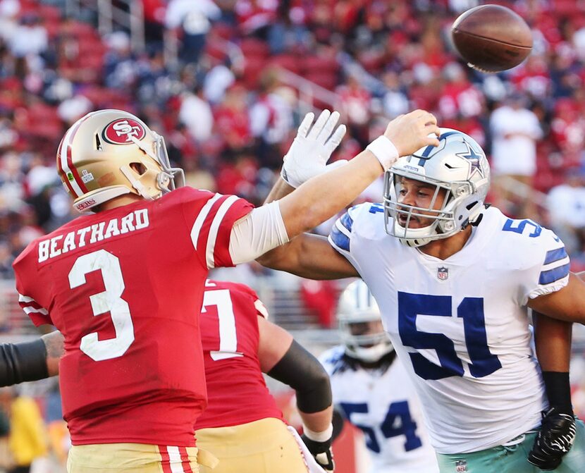 Dallas Cowboys outside linebacker Kyle Wilber (51) puts pressure on San Francisco 49ers...