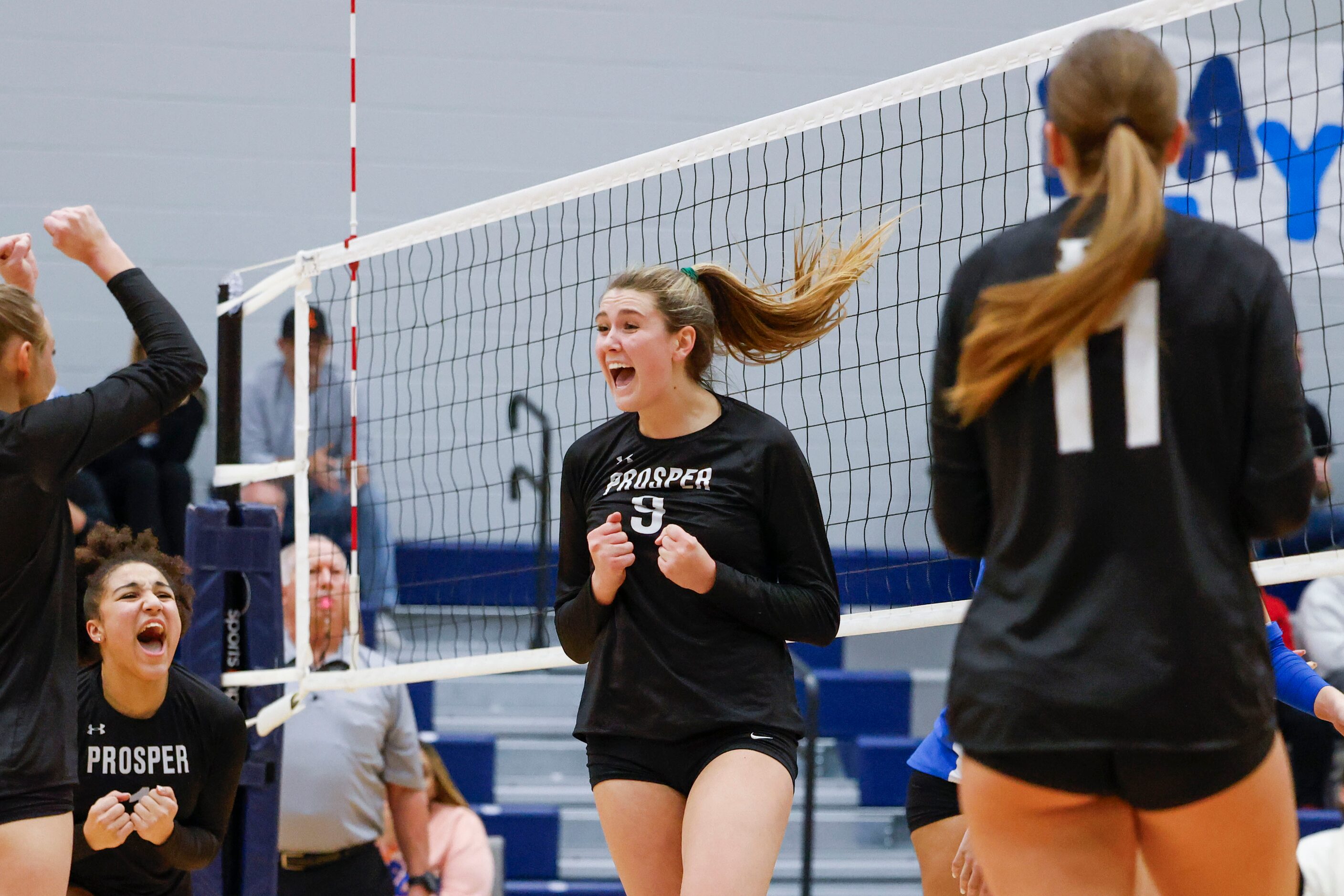 Prosper high school’s Ayden Ames celebrates a point against Plano West during class 6A...