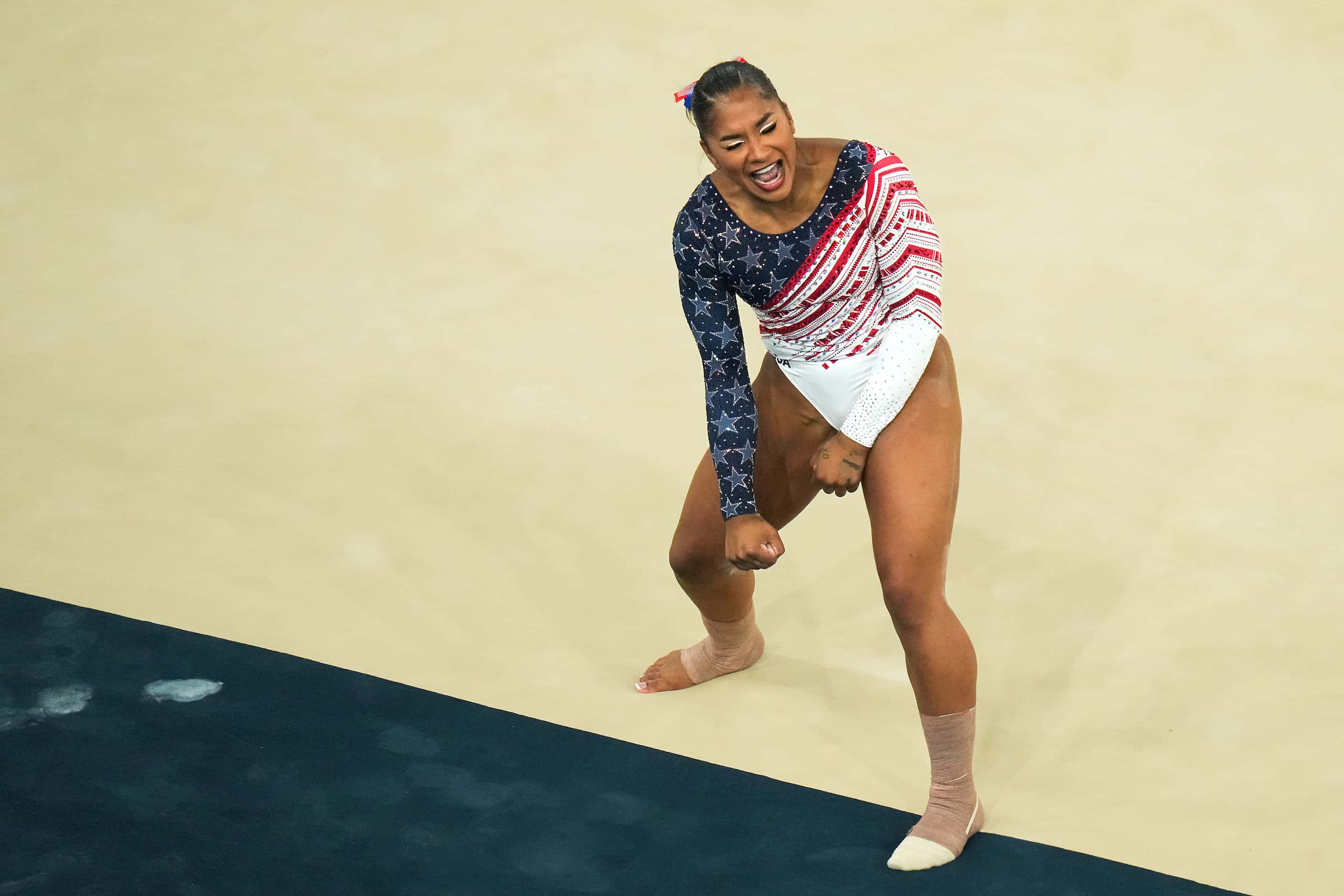 Jordan Chiles of the United States celebrates after competing on the floor during the...