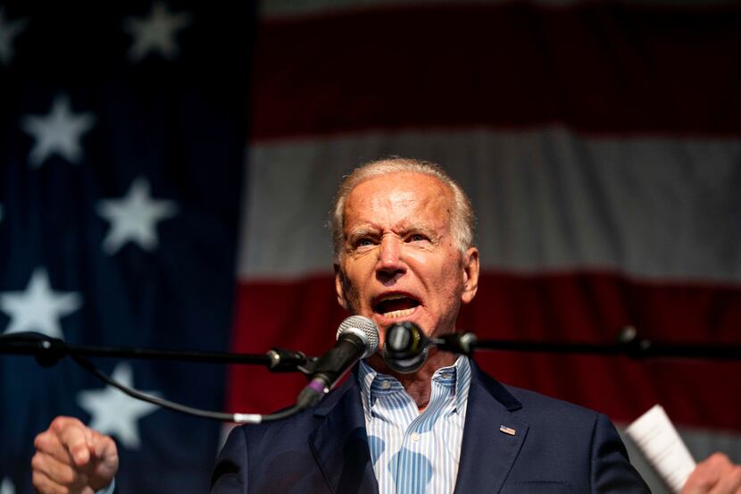 Joe Biden speaks to voters at the 2019 Iowa Democratic Wing Ding in Clear Lake, Iowa, on...