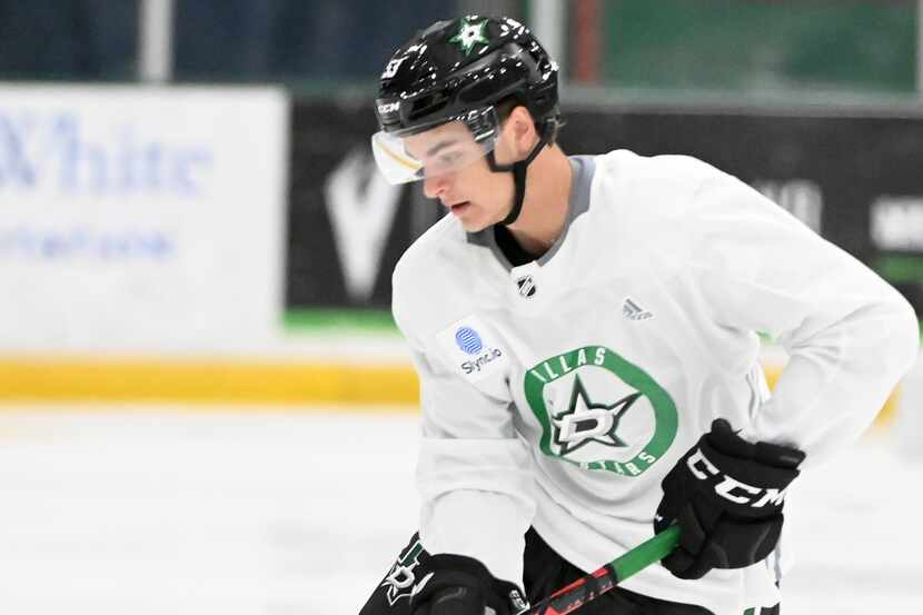 Wyatt Johnston (53) skates with the puck during Dallas Stars development camp, Saturday,...