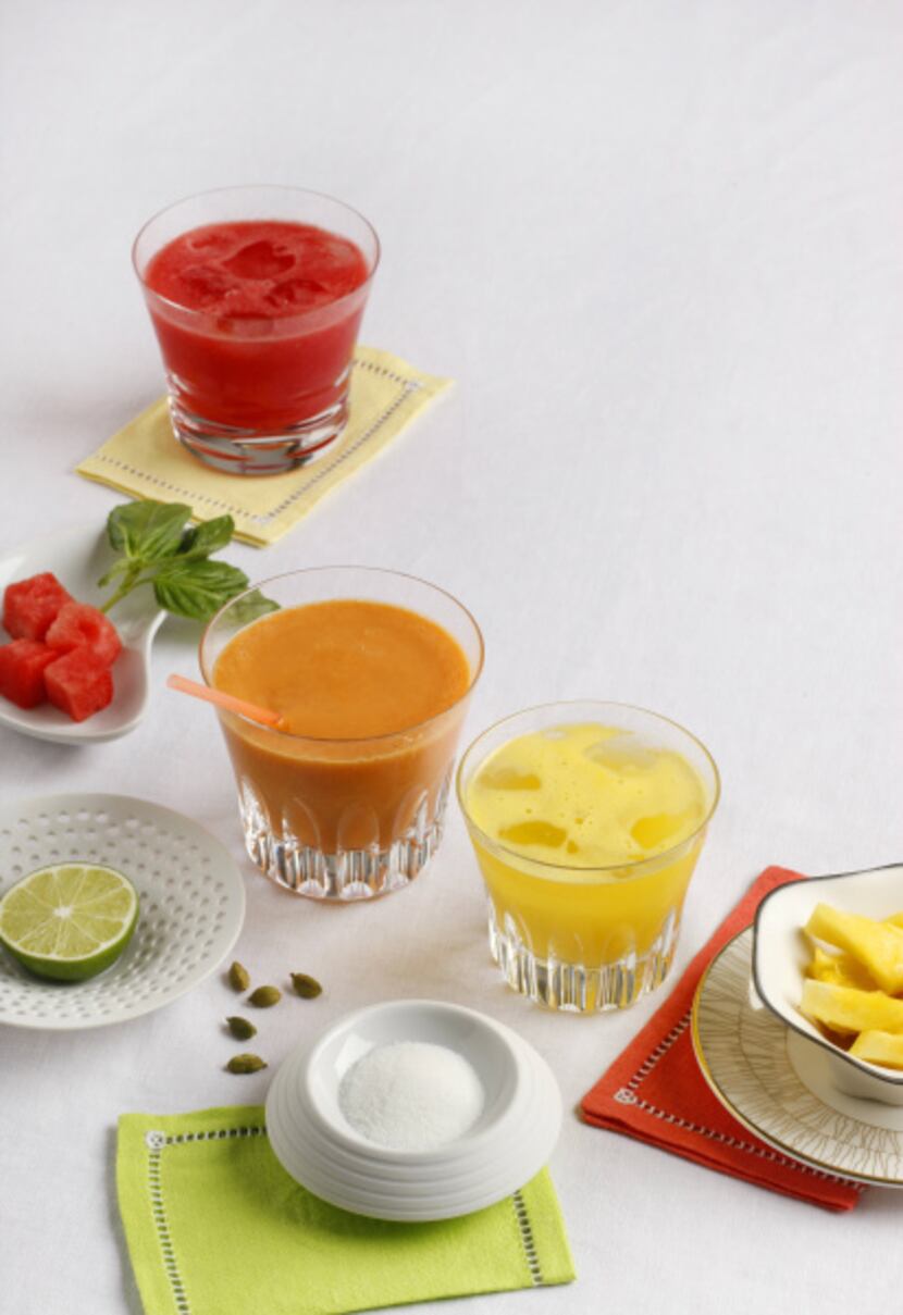 A few drinks for summer include (from top) Watermelon-Basil Agua Fresca, Tropical Lassi and...