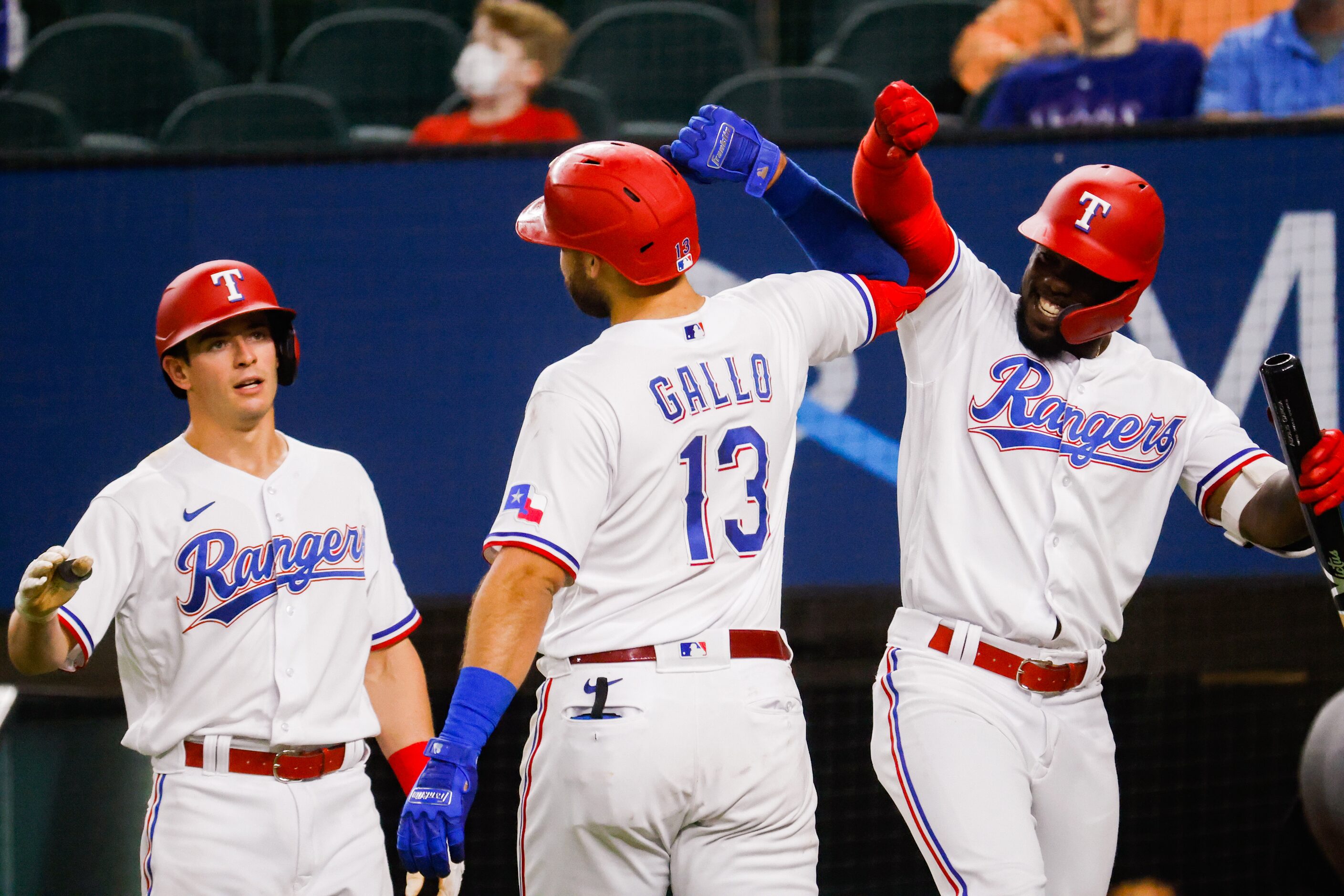 Texas Rangers center fielder Joey Gallo (13) celebrates with Texas Rangers right fielder...