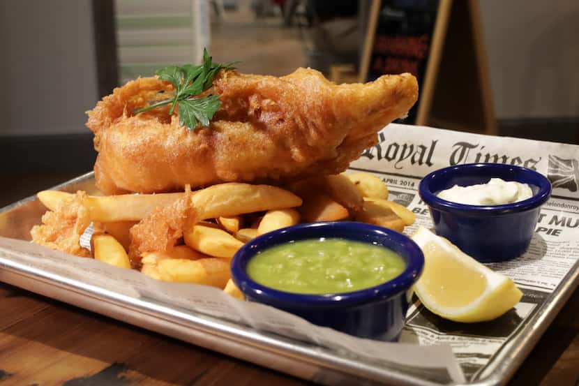 The House Special Fish and Chips with a side order of mushy peas at Fish and Fizz in Richardson