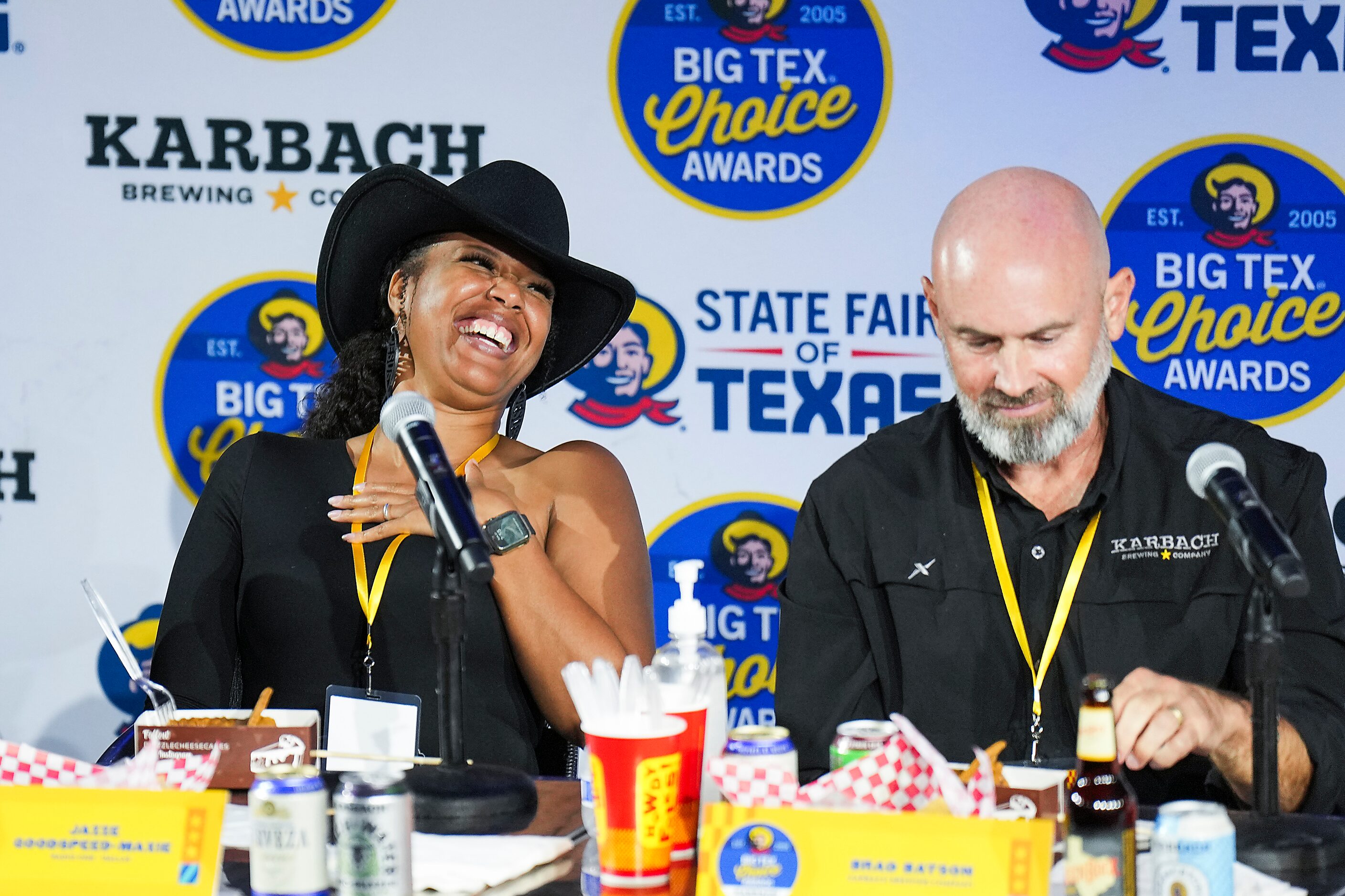 Judge Jazze Goodspeed-Macie laughs with fellow judge Brad Batson while sampling Biscoff...