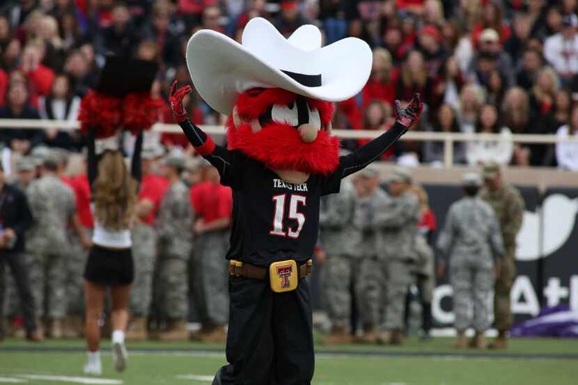 Nov 14, 2015; Lubbock, TX, USA; The Texas Tech Red Raiders mascot on the field during the...