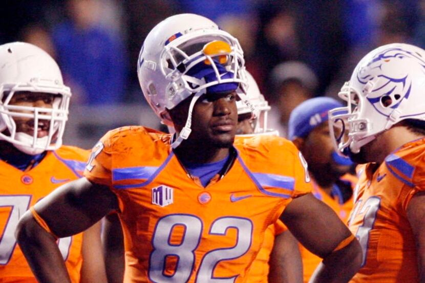 In this Nov. 2012, photo, then-Boise State NCAA college football player Samuel Ukwuachu (82)...