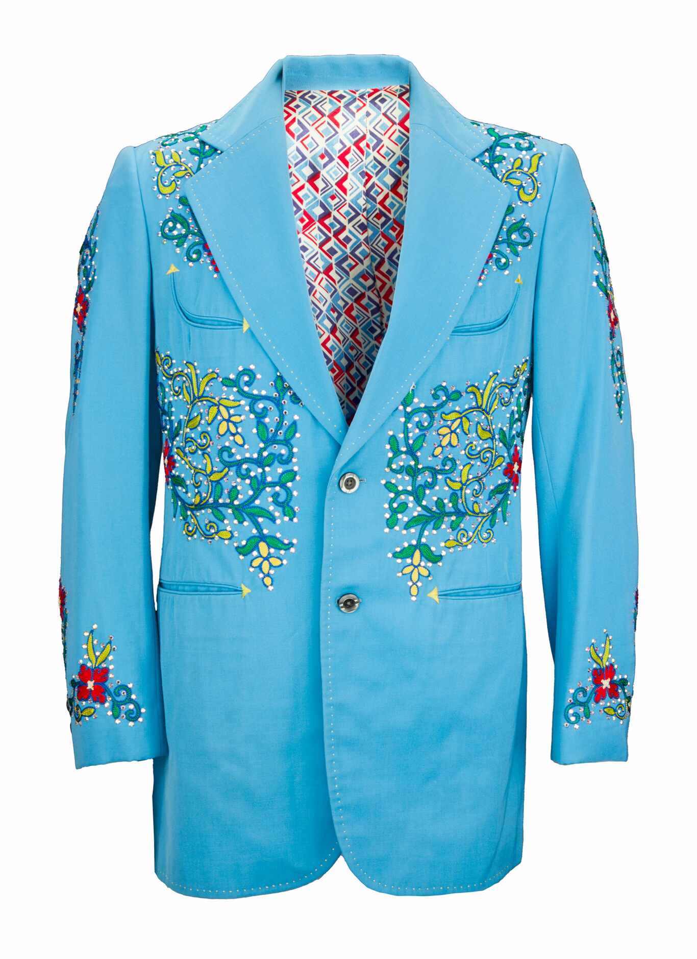 Dusty Hill s custom sky-blue wool suit jacket with yellow and red embroidered flowers...