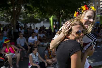 Roeien Baldrich, right, embraced Leonie Leiber during a Dallas watch party after Germany won...