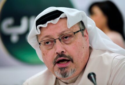  In this Feb. 1, 2015, file photo, Saudi journalist Jamal Khashoggi speaks during a press...