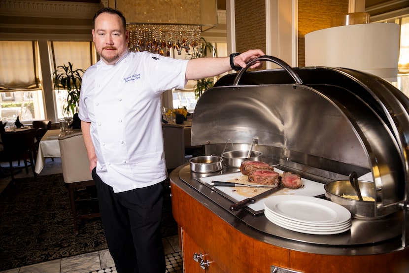 Executive Chef Patrick McElroy shows off the 1940s carving cart at The Landmark Prime Rib...