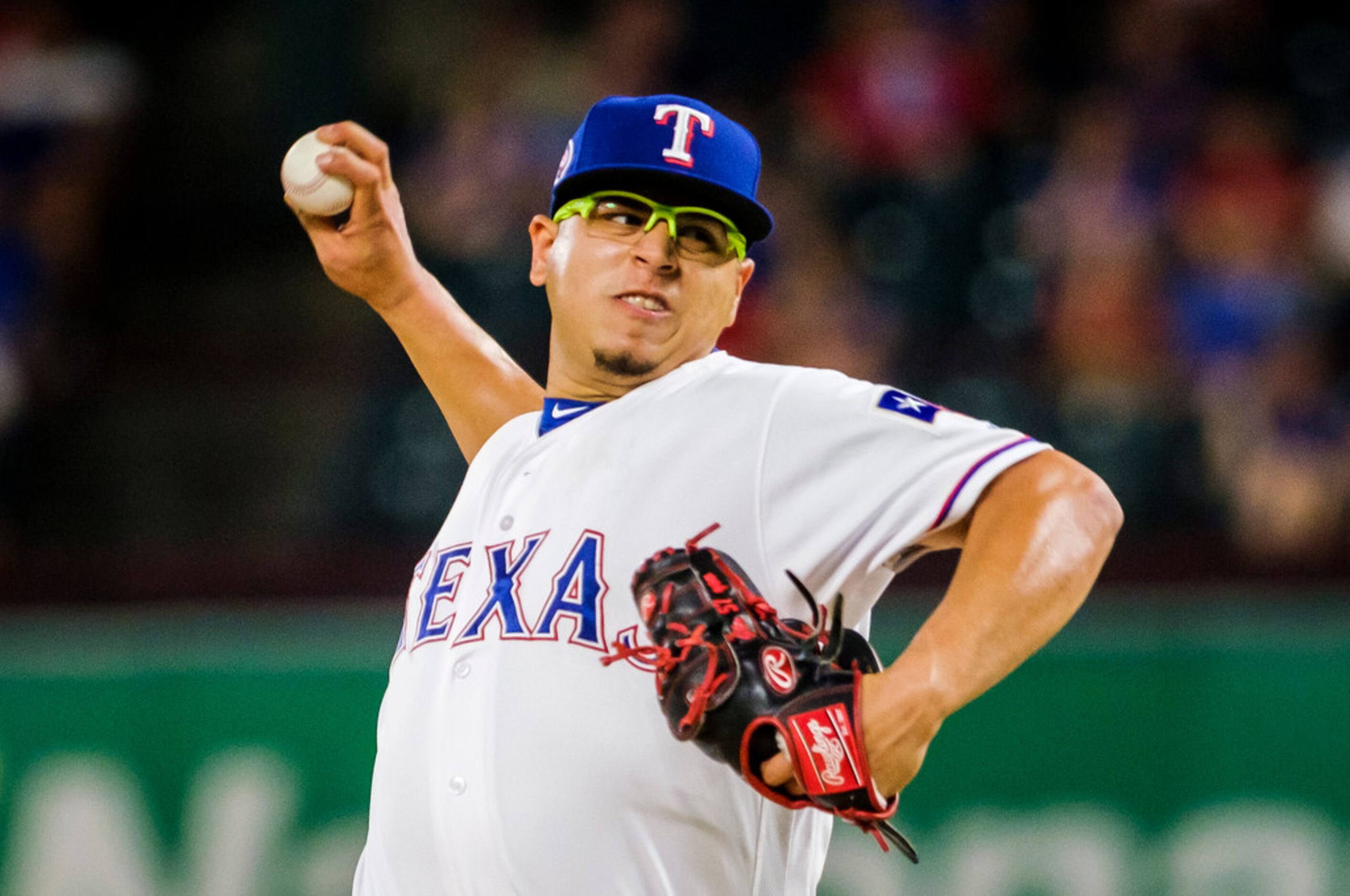 Texas Rangers pitcher Ariel Jurado pitches during the first inning against the Tampa Bay...