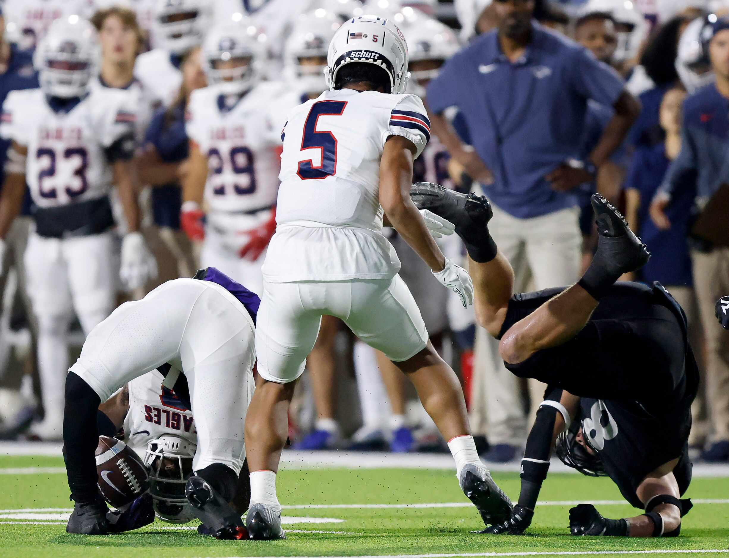 Allen wide receiver Kayvion Sibley (2) injures his left leg after having his feet taken out...