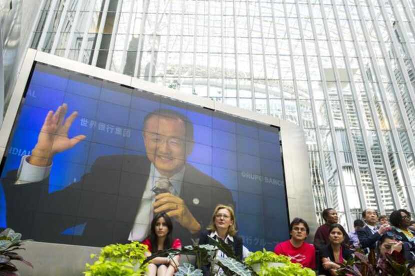 
World Bank President Jim Yong Kim (on screen) spoke on “Sharing Prosperity, Delivering...