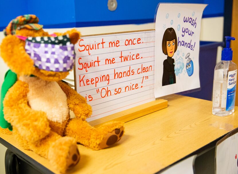 Signs inside a classroom at Jerry R. Junkins Elementary in Carrollton