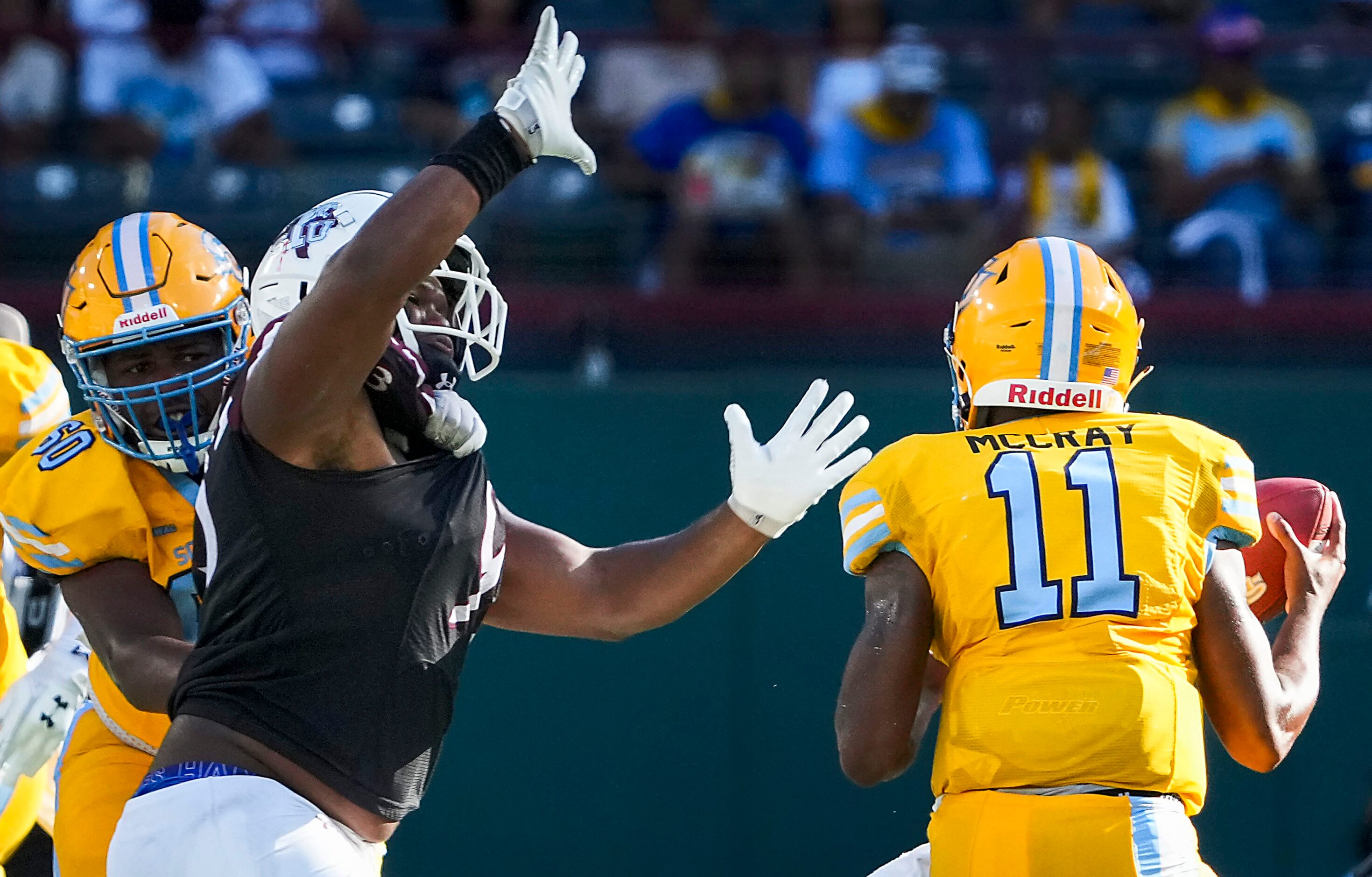 TSU defensive tackle Tyler Martinez (93) chases down Southern  quarterback  BeSean McCray...