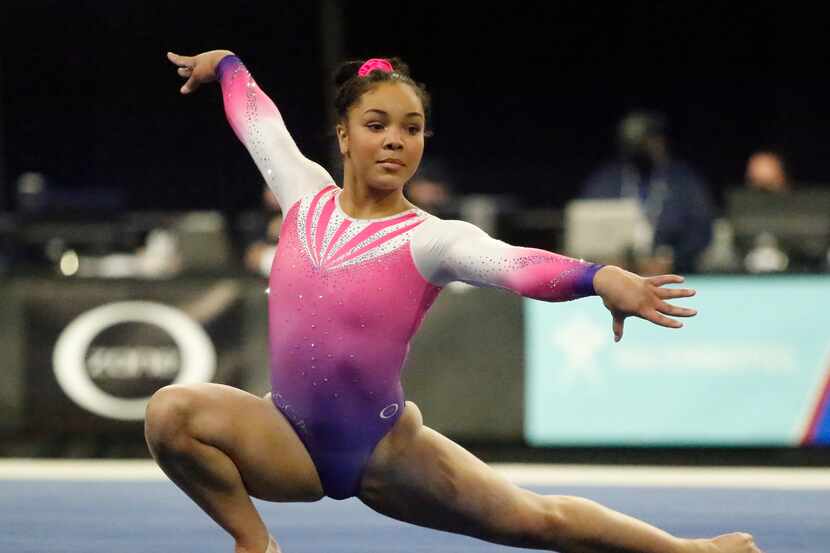 Konnor McClain with WOGA Gymnastics of Plano performs her floor routine during the USA...
