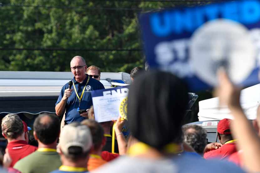 United Auto Workers president Shawn Fain speaks to members of Local 862 at a rally in...