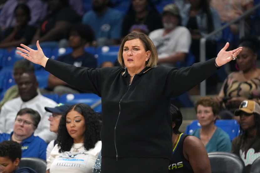 Dallas Wings head coach Latricia Trammell on the sidelines during the second half of a WNBA...
