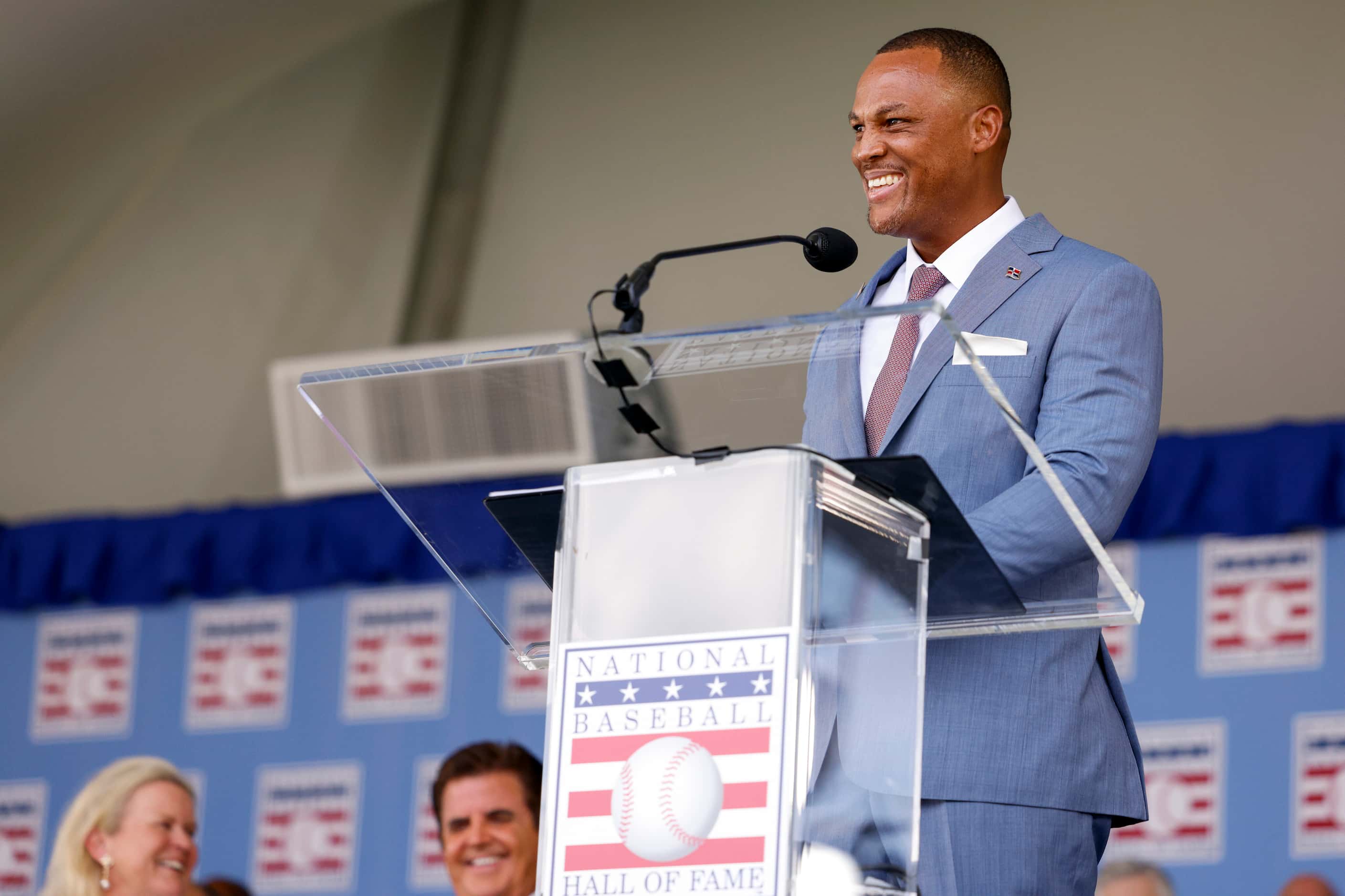 Former Texas Rangers third baseman Adrián Beltré smiles as he speaks during his National...