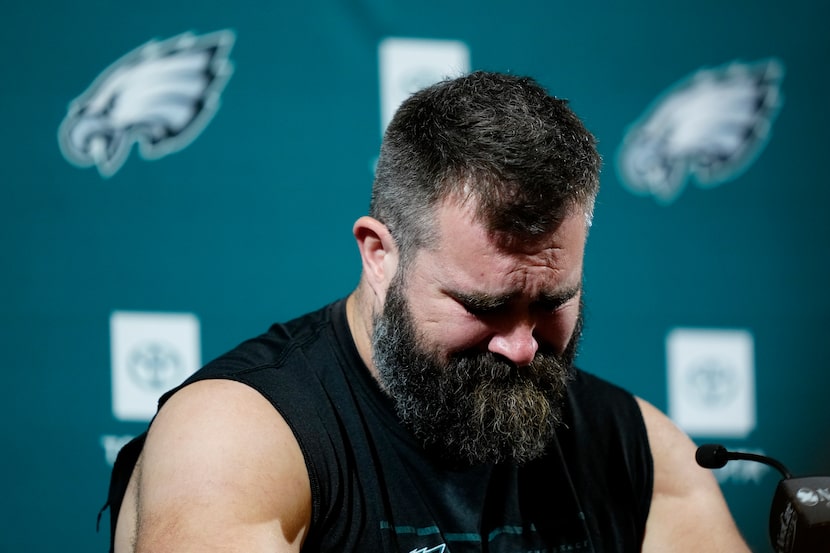 Philadelphia Eagles' Jason Kelce speaks during an NFL football press conference announcing...