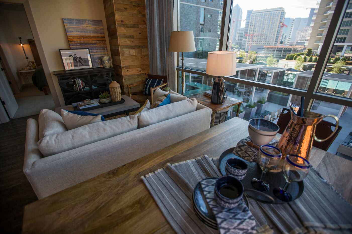 The living room in a model apartment at the new Ascent Victory Park apartments.