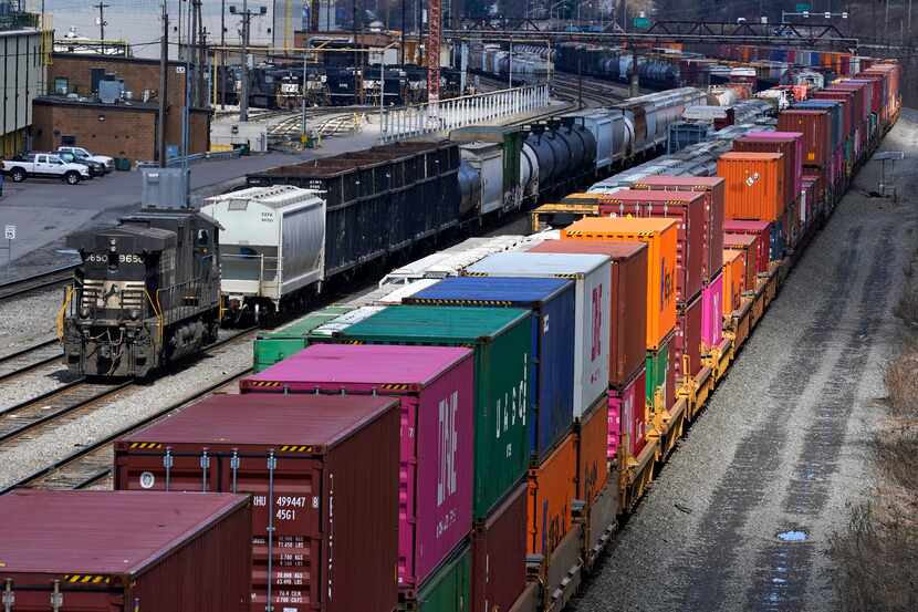 Freight train cars and containers at Norfolk Southern Railroad's Conway Yard in Conway, Pa.,...