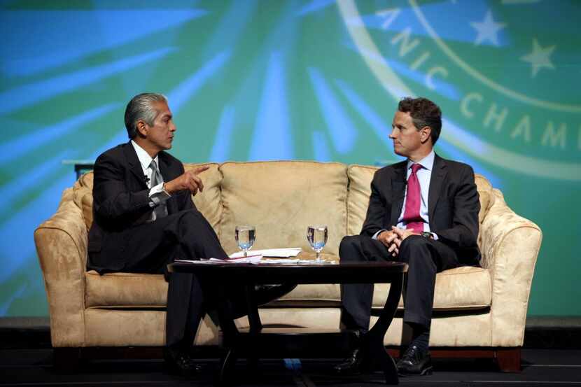 Treasury Secretary Tim Geithner (right) spoke with Javier Palomarez during the 2010...